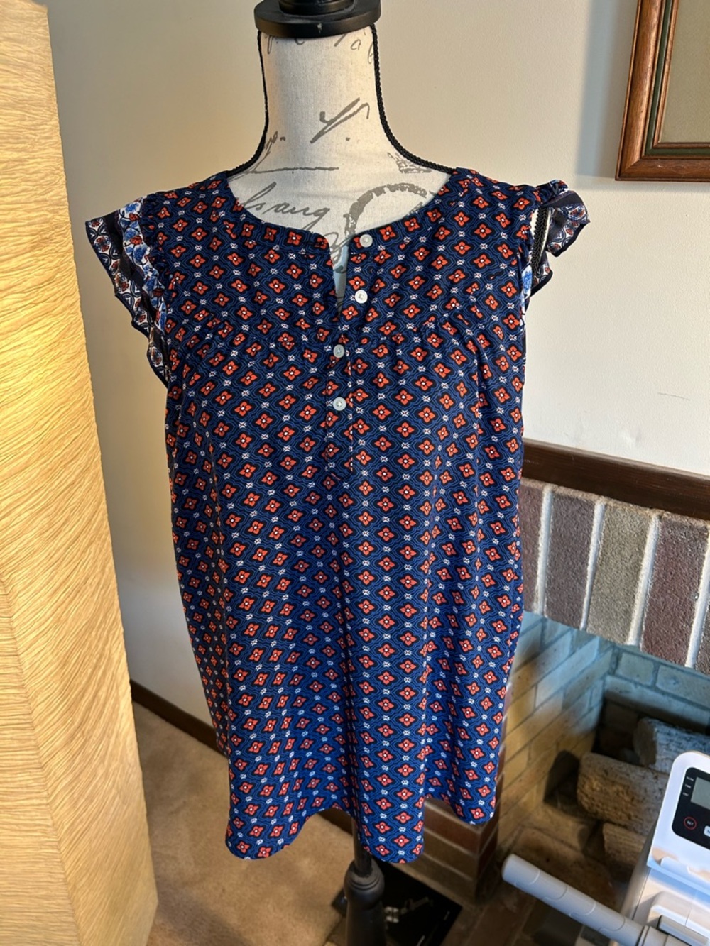 LOFT Navy Blue and Red Printed Flutter Sleeve Blouse